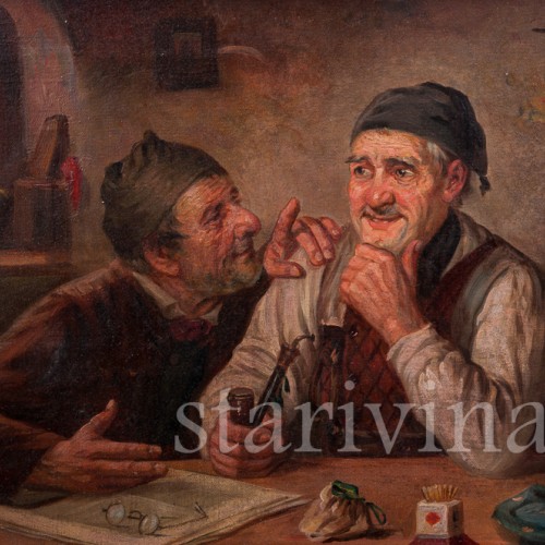 Жанровая картина маслом Мужчины за столом, Германия, нач. 20 в.