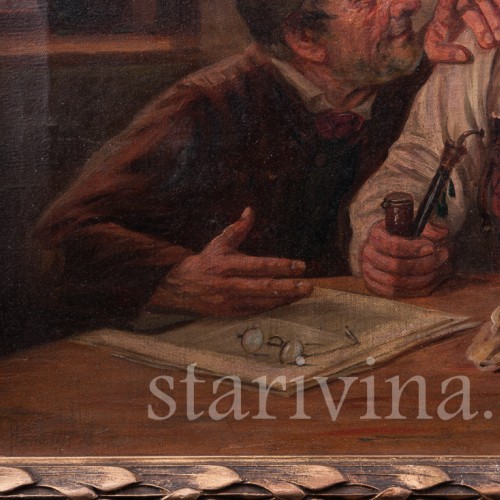 Жанровая картина маслом Мужчины за столом, Германия, нач. 20 в.