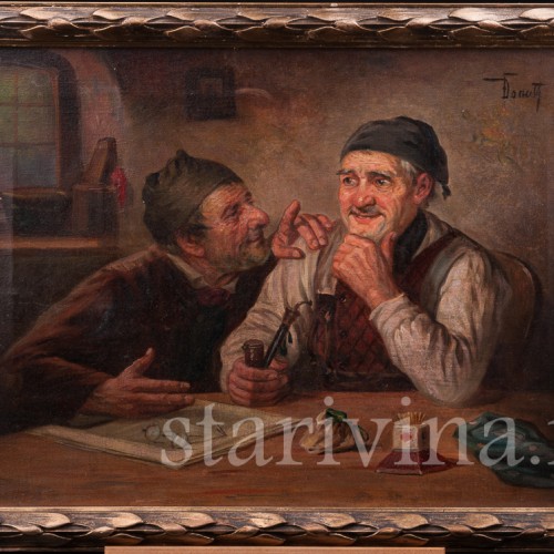 Жанровая картина маслом Мужчины за столом, Германия, нач. 20 в.