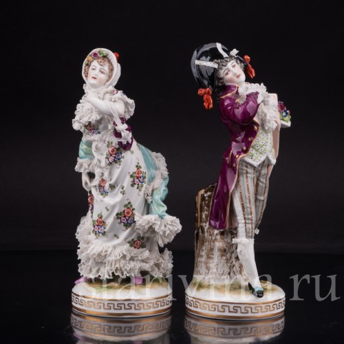Парные фарфоровые статуэтки Галантная пара, кружевная, Германия, кон. 19 века.
