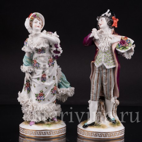 Парные фарфоровые статуэтки Галантная пара, кружевная, Германия, кон. 19 века.