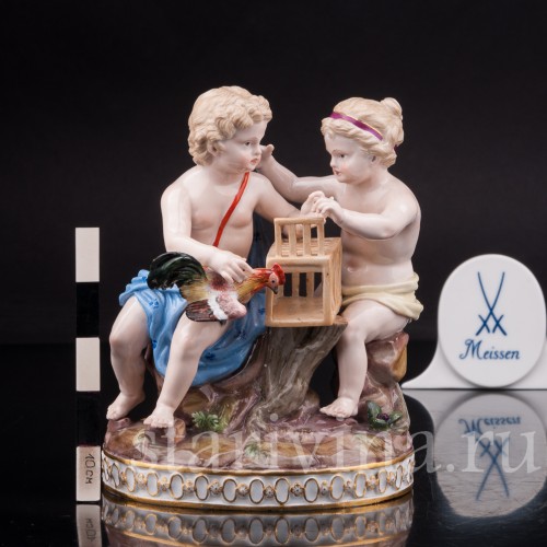 Фарфоровая статуэтка Путти с петухом Meissen, Германия, 19 век.