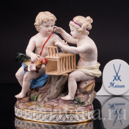 Фарфоровая статуэтка Путти с петухом Meissen, Германия, 19 век.