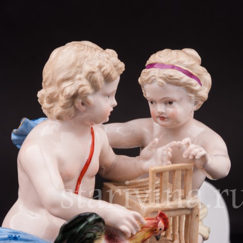 Фарфоровая статуэтка Путти с петухом Meissen, Германия, 19 век.