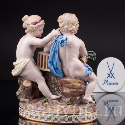 Фарфоровая статуэтка Путти с петухом Meissen, Германия, 19 век.