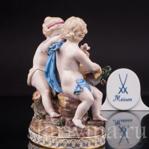 Фарфоровая статуэтка Путти с петухом Meissen, Германия, 19 век.