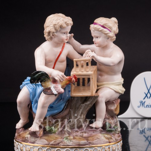 Фарфоровая статуэтка Путти с петухом Meissen, Германия, 19 век.