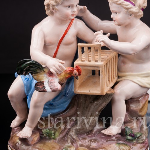 Фарфоровая статуэтка Путти с петухом Meissen, Германия, 19 век.