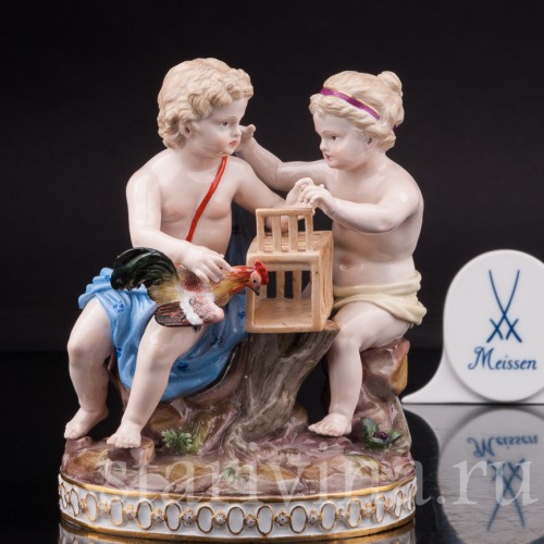 Фарфоровая статуэтка Путти с петухом Meissen, Германия, 19 век.
