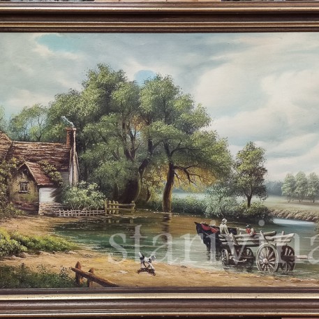 Картина маслом на холсте Пейзаж с повозкой, Германия, сер. 20 в.