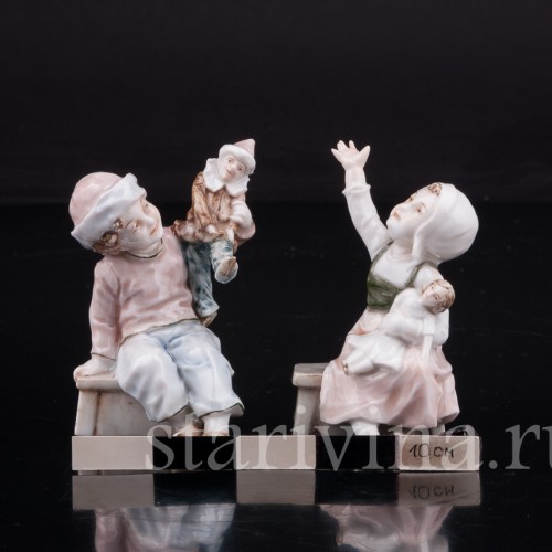Парные фарфоровые статуэтки Дети с куклами, миниатюры, Karl Ens, Германия, нач. 20 в.