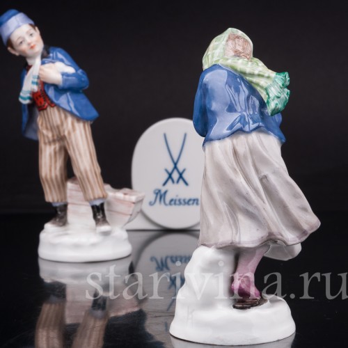 Парные фарфоровые статуэтки Дети, играющие в снежки, Meissen, Германия, нач. 20 в.