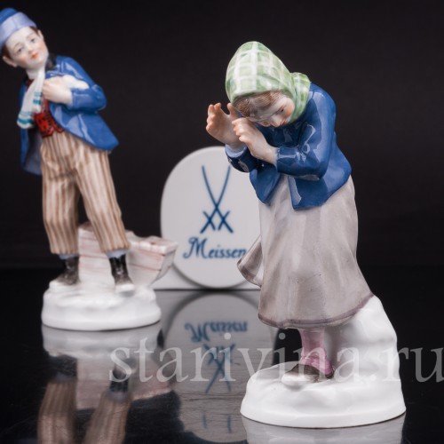 Парные фарфоровые статуэтки Дети, играющие в снежки, Meissen, Германия, нач. 20 в.