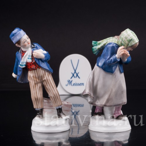 Парные фарфоровые статуэтки Дети, играющие в снежки, Meissen, Германия, нач. 20 в.