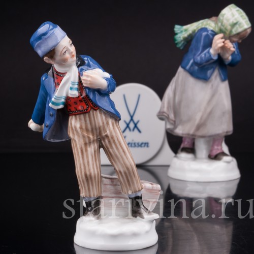 Парные фарфоровые статуэтки Дети, играющие в снежки, Meissen, Германия, нач. 20 в.