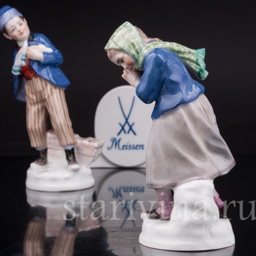 Парные фарфоровые статуэтки Дети, играющие в снежки, Meissen, Германия, нач. 20 в.