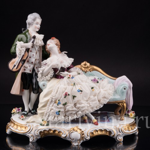 Фарфоровая статуэтка Пара со скрипкой, кружевная, Unterweissbach, Германия, 1958-76 гг.