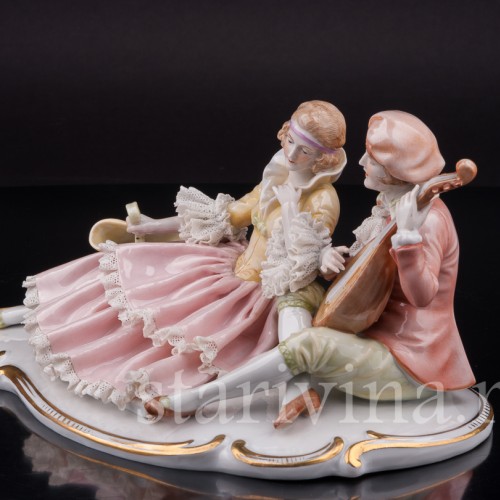 Фарфоровая фигурка Пара с мандолиной, кружевная, Muller & Co, Германия, перв. пол. 20 в.