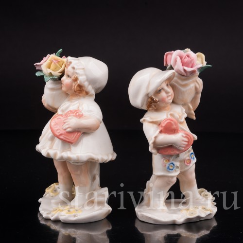 Парные фарфоровые статуэтки Дети с цветами, миниатюра, Karl Ens, Германия, 1920-30 гг.