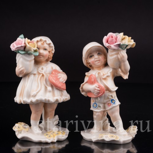 Парные фарфоровые статуэтки Дети с цветами, миниатюра, Karl Ens, Германия, 1920-30 гг.