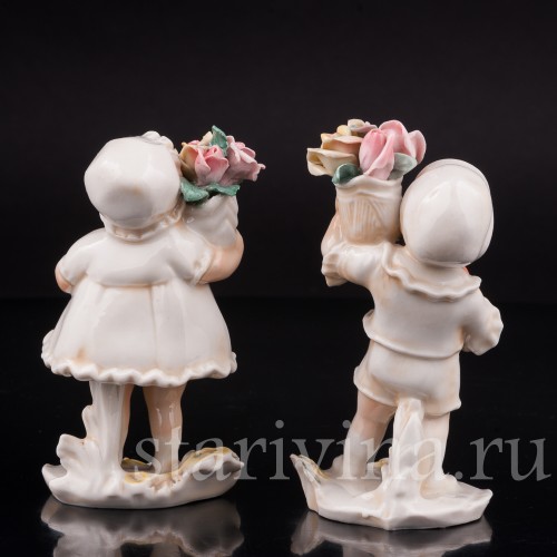 Парные фарфоровые статуэтки Дети с цветами, миниатюра, Karl Ens, Германия, 1920-30 гг.