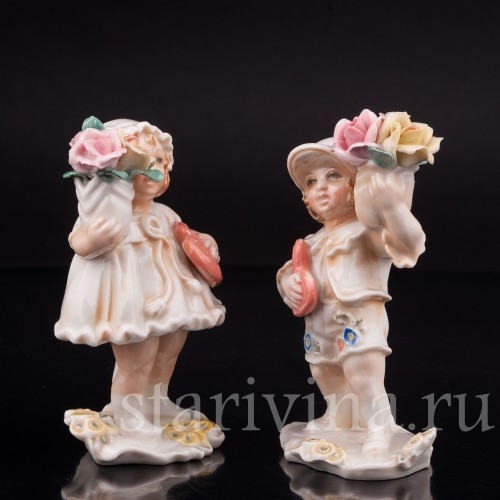 Парные фарфоровые статуэтки Дети с цветами, миниатюра, Karl Ens, Германия, 1920-30 гг.