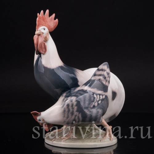 Фигурка птиц из фарфора Петух и курица, Royal Copenhagen, Дания, 1969-74 гг.