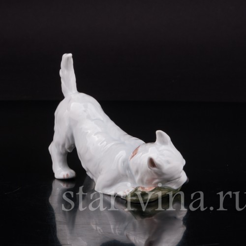 Фигурка собаки из фарфора Вест-хайлед-уайт терьер с ботинком, Royal Copenhagen, Дания.