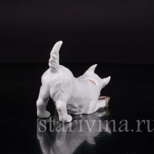 Фигурка собаки из фарфора Вест-хайлед-уайт терьер с ботинком, Royal Copenhagen, Дания.