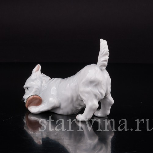 Фигурка собаки из фарфора Вест-хайлед-уайт терьер с ботинком, Royal Copenhagen, Дания.