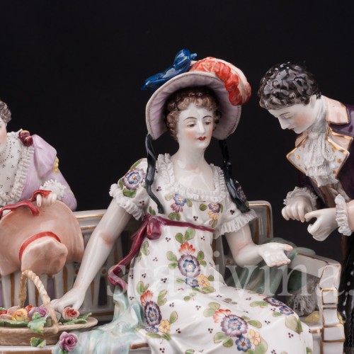 Фарфоровая композиция Сценка у скамейки, кружевная, Volkstedt, Германия, до 1935 г.