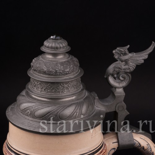 Старинная пивная кружка Садись рядом, 1 л, Reinhold Merkelbach, Германия, 1900 г.