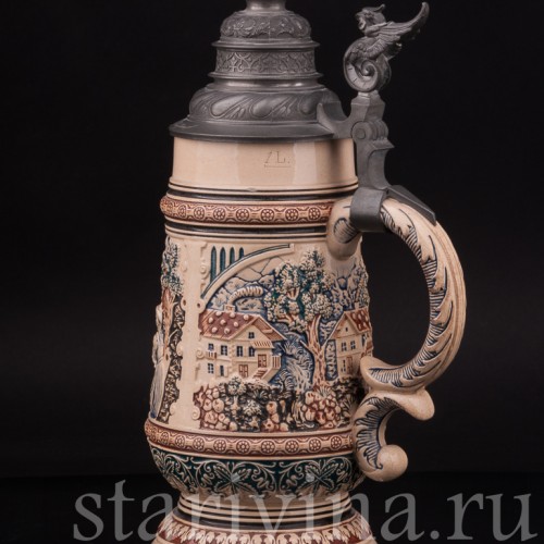 Старинная пивная кружка Садись рядом, 1 л, Reinhold Merkelbach, Германия, 1900 г.