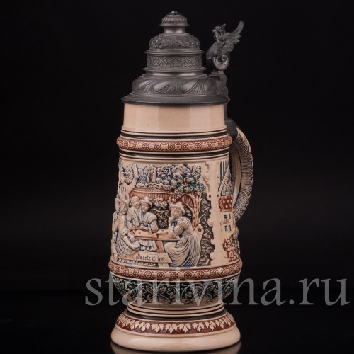 Старинная пивная кружка Садись рядом, 1 л, Reinhold Merkelbach, Германия, 1900 г.