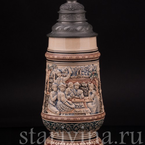 Старинная пивная кружка Садись рядом, 1 л, Reinhold Merkelbach, Германия, 1900 г.