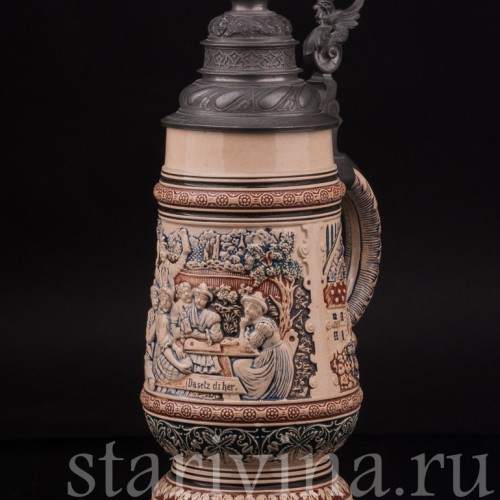 Старинная пивная кружка Садись рядом, 1 л, Reinhold Merkelbach, Германия, 1900 г.