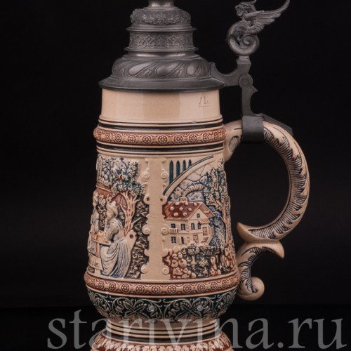 Старинная пивная кружка Садись рядом, 1 л, Reinhold Merkelbach, Германия, 1900 г.