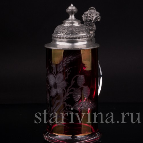 Старинная стеклянная кружка Ячмень, хмель и цветы, 0.5 л, Германия, сер. 20 в.