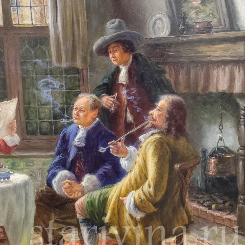 Картина маслом Курящие мужчины в гостиной, Германия, перв. пол. 20 в.