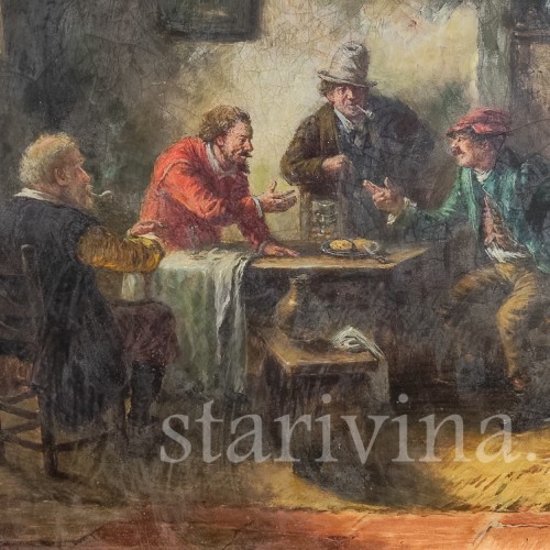 Картина маслом Мужчины в таверне, Германия, перв. пол. 20 в.