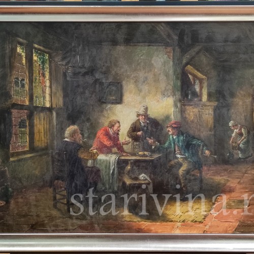 Картина маслом Мужчины в таверне, Германия, перв. пол. 20 в.