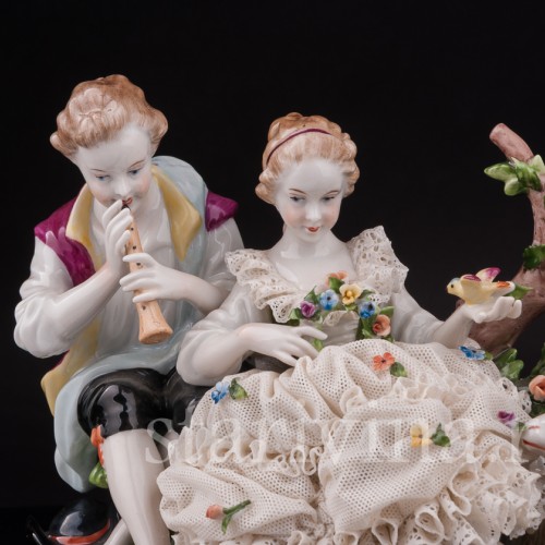 Фарфоровая статуэтка Пара с овечкой, кружевная, Unterweissbach, Германия, 1958-76 гг.