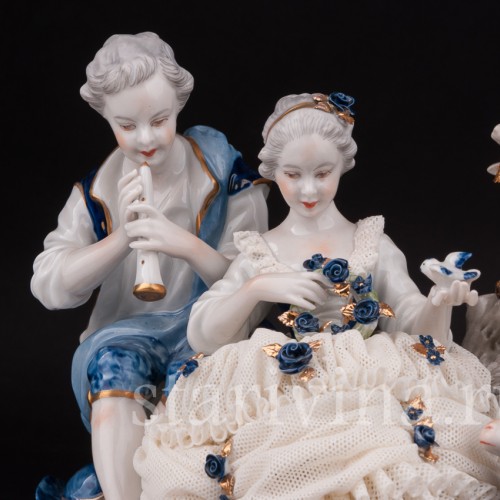 Фарфоровая статуэтка Пара с овечкой, кружевная, Unterweissbach, Германия, 1980 гг.