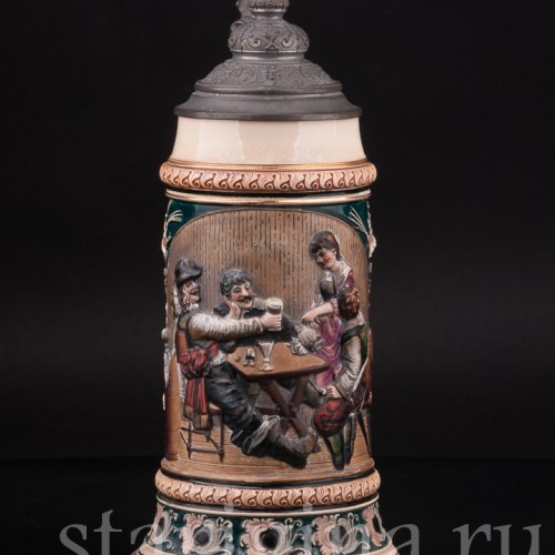 Старинная пивная кружка В таверне, 1 л, Reinhold Hanke, Германия, кон. 19 - нач. 20 вв.