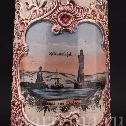 Антикварная пивная кружка Вход в гавань Линдау, 1л, Diesinger, Германия, кон. 19 - нач. 20 вв.