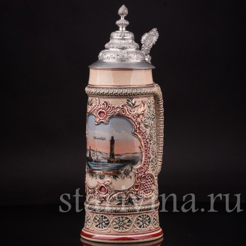 Антикварная пивная кружка Вход в гавань Линдау, 1л, Diesinger, Германия, кон. 19 - нач. 20 вв.