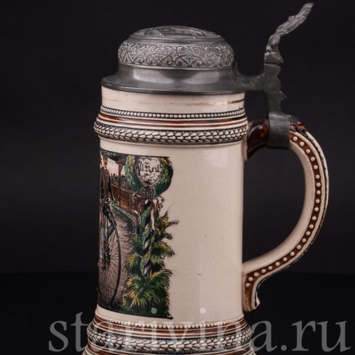 Старинная пивная кружка Велосипедисты, 1/2 л, Marzi & Remy, Германия, кон.19 в.