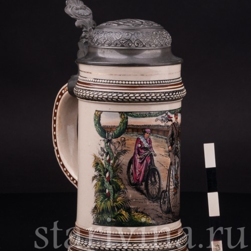 Старинная пивная кружка Велосипедисты, 1/2 л, Marzi & Remy, Германия, кон.19 в.