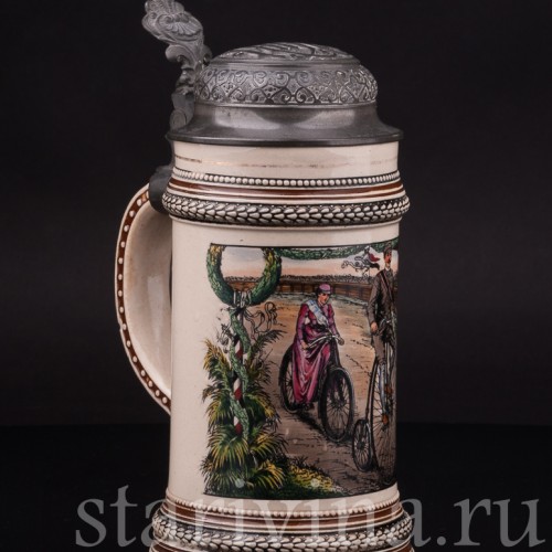 Старинная пивная кружка Велосипедисты, 1/2 л, Marzi & Remy, Германия, кон.19 в.