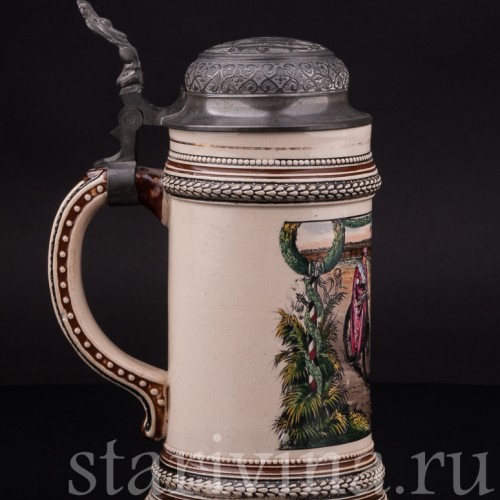 Старинная пивная кружка Велосипедисты, 1/2 л, Marzi & Remy, Германия, кон.19 в.